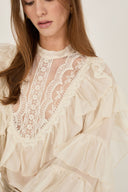 Blusa in chiffon con ruches e pizzo